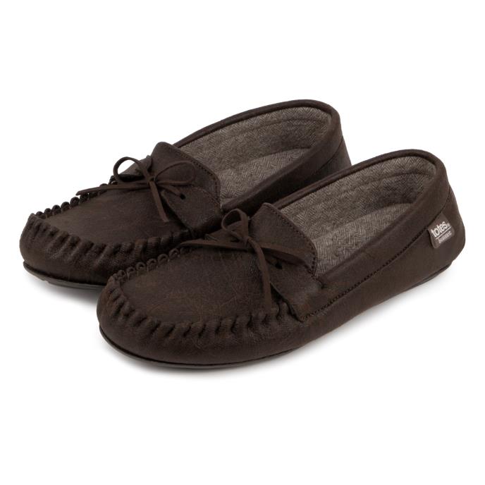 Isotoner® Mens Distressed Moccasin Slipper With Herringbone Sock Brown Extra Image 1